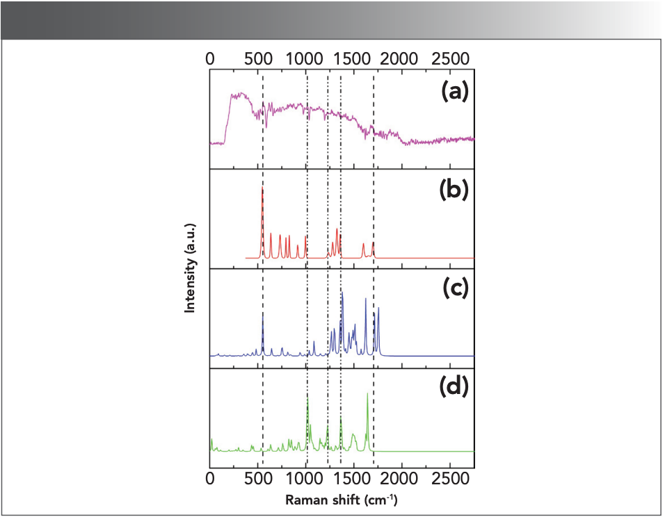 Figure 1: (a) Ordinary and (b) SERDS: Raman spectra of drug sample (Sample No. 2), and ordinary Raman spectra: (c) of pure caffeine, and (d) methamphetamine.