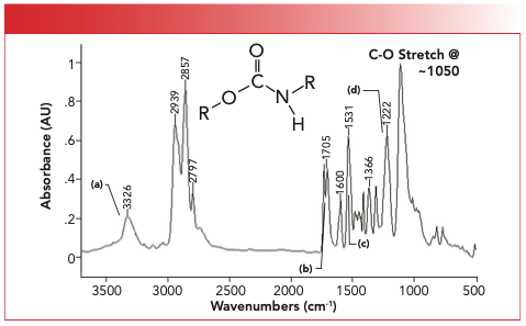 FIGURE 8: The IR spectrum of a sample of foam rubber. Although the urethane peaks dominate the spectrum, there is a C-O stretching peak from ether linkages at 1050.
