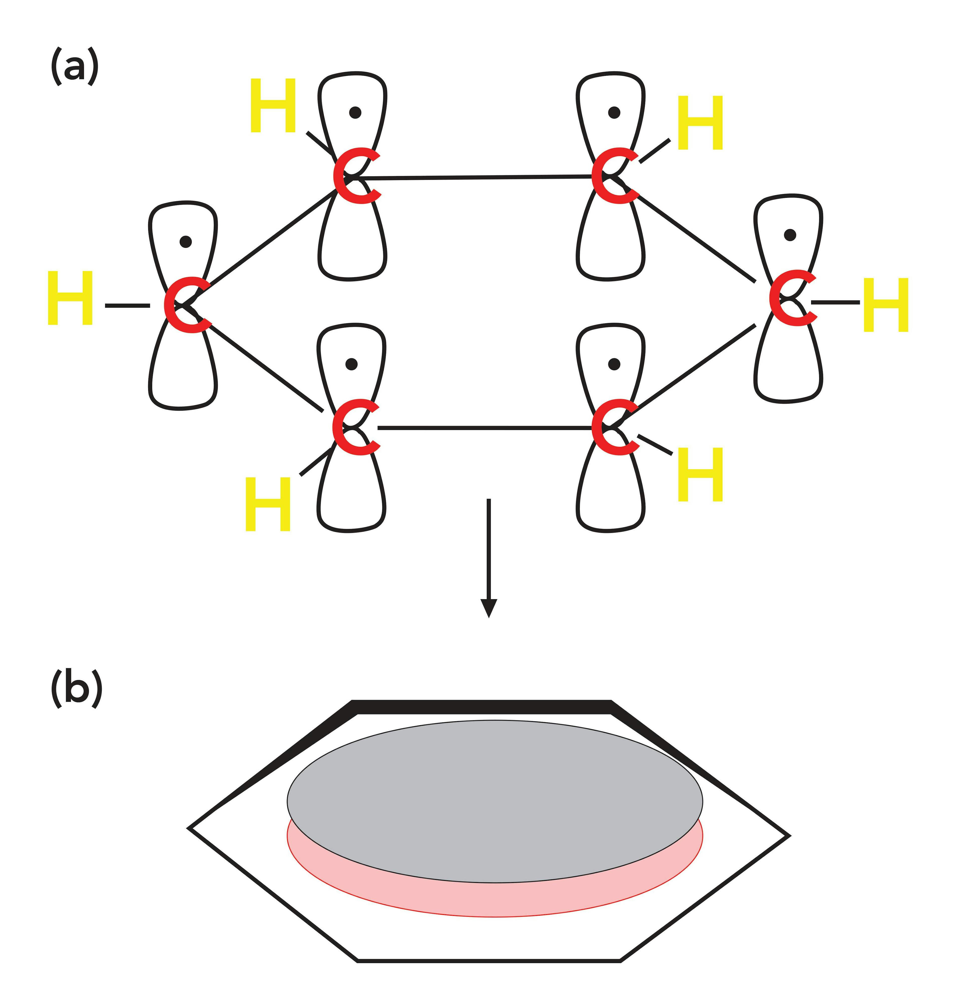 Figure 4: (a) The p orbitals on each of the six carbon atoms in benzene that each contribute an electron to the ring. (b) The collection of delocalized P orbital electrons that form a pi cloud of pi electron density above and below the plane of the benzene ring.
