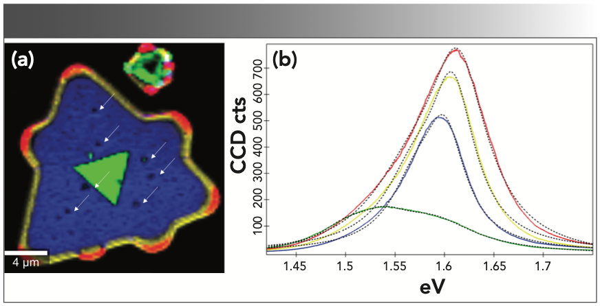 FIGURE 5: (a) Color-coded confocal photoluminescence (PL) image and the (b) corresponding PL spectra evaluated from the 2D array of spectra. PL imaging parameters: 30 x 30 μm2, 120 x 120 pixels, excitation laser 532 nm, laser power 2 mW, integration time per spectrum 0.05 s, 300 g/mm grating.