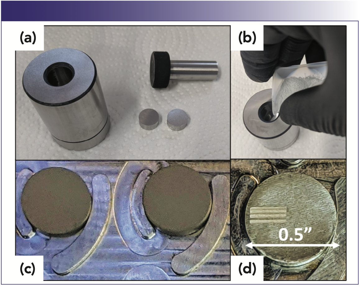 FIGURE 3: (a) Pellet die set; (b) an analyst adding metal powder to the set; (c) final pelletized metal alloy powder; and (d) an example post-analysis sample. The three lines are the raster areas used for quantification.