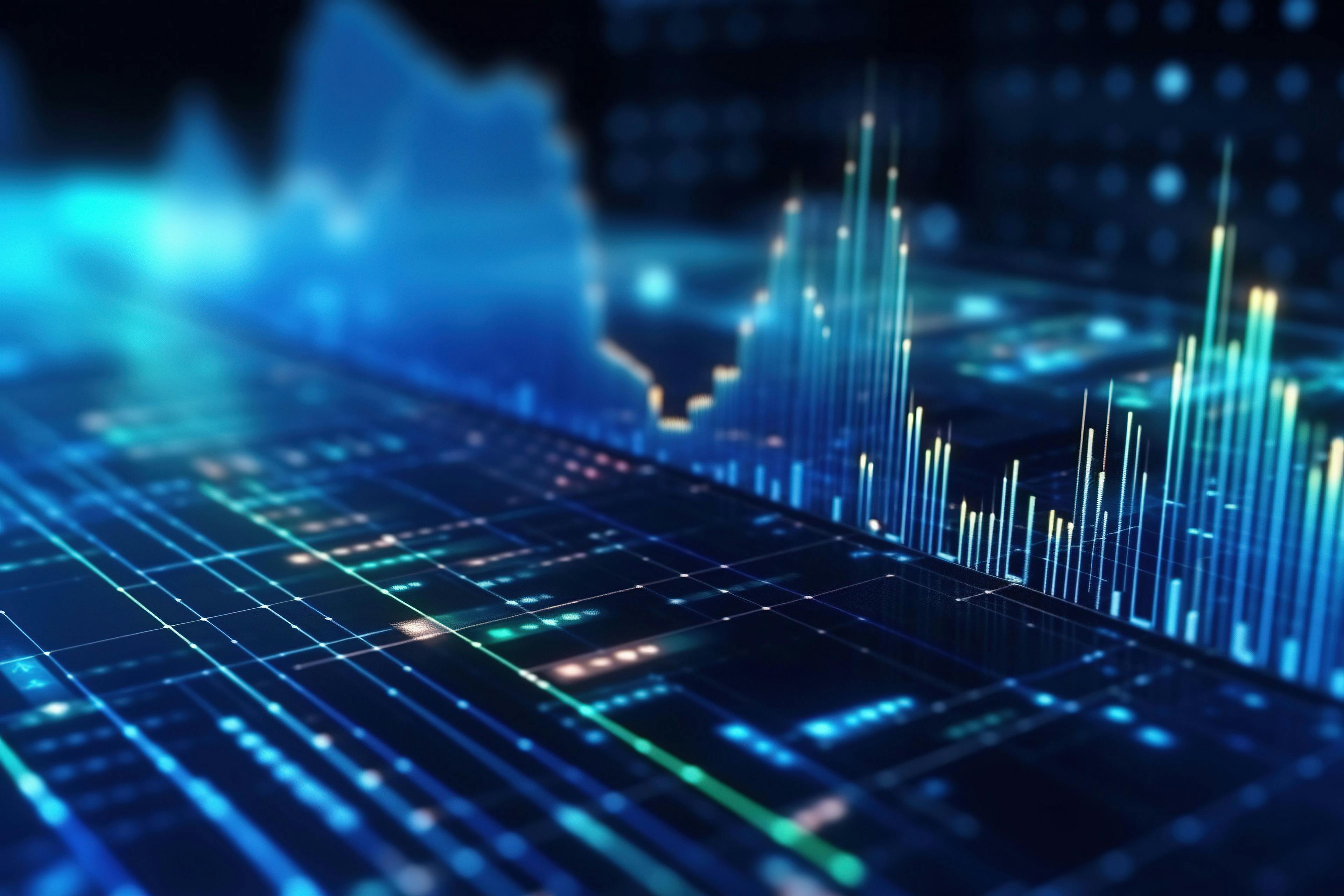 Perspective view of stock market growth, business investing and data concept with digital financial chart graphs, diagrams and indicators on dark blue blurry background | Image Credit: © Livinskiy - stock.adobe.com