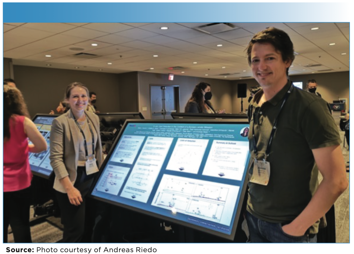 The AbSciCon Conference in May 2022 showing Riedo (right) with PhD student Nikita Boeren (left). (Photo courtesy of Andreas Riedo).