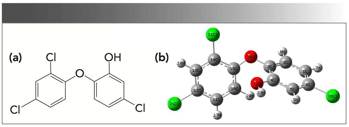 FIGURE 2: (a) Chemical structure of triclosan. (b) Optimized structure of triclosan at M06-2X/6-311++G(d,p) level.
