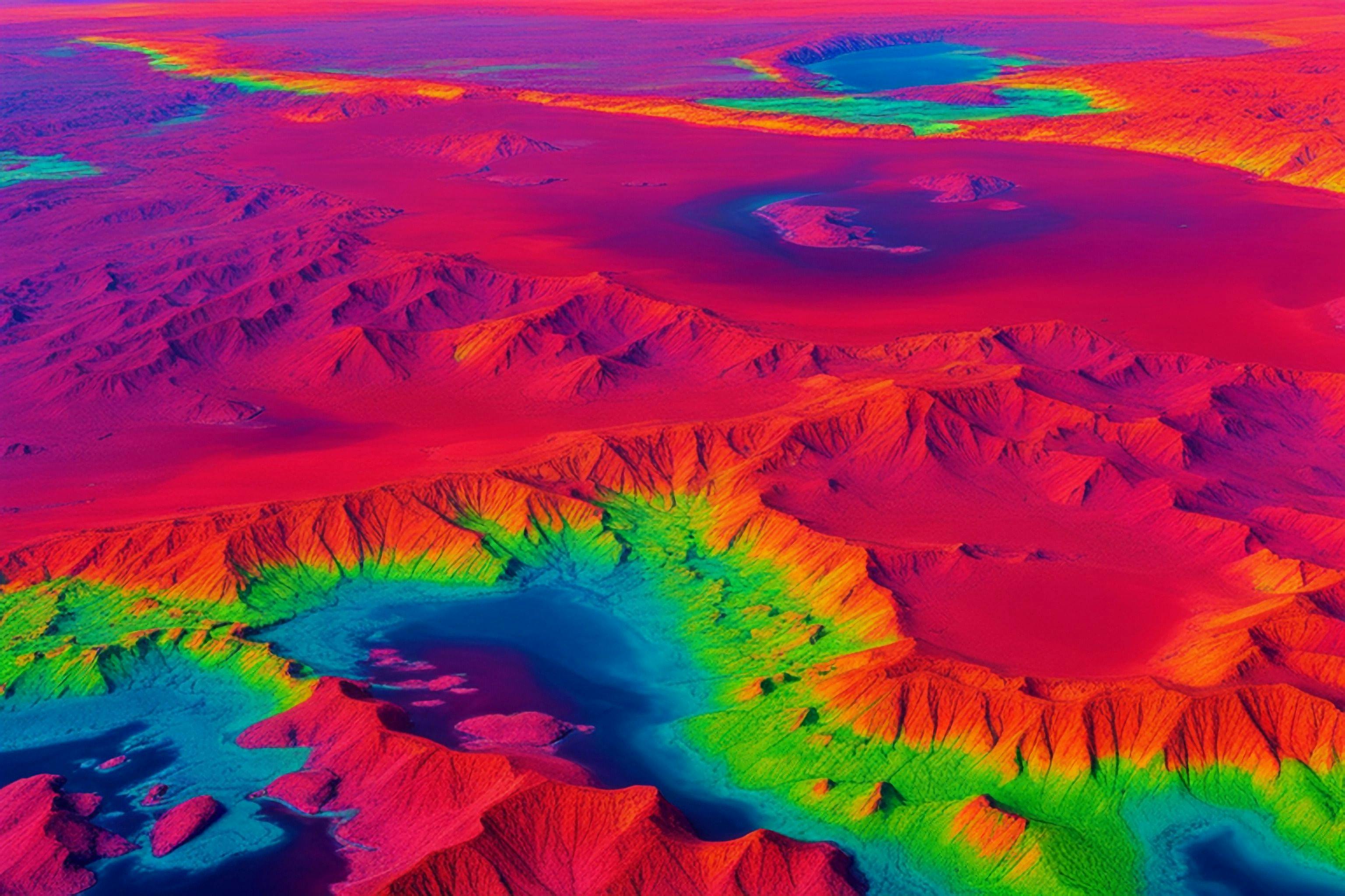 Infrared thermography land mapping of a region with mountains and valleys showing colored gradients of heat due to different soil absorption of solar radiation. Aerial view of thermal scan imaging. | Image Credit: © Sweeann - stock.adobe.com.
