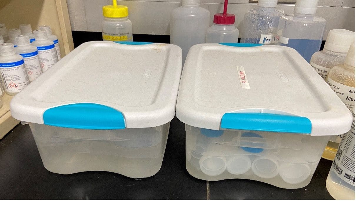 Figure 2: ICP-MS sample introduction components are cleaned and stored in separate containers for different kits, for example standard quartz and PFA inert kit components.