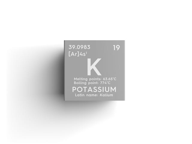 Potassium. Kalium. Alkali metals. Chemical Element of Mendeleev's Periodic Table. Potassium in square cube creative concept. | Image Credit: © Aleksander - stock.adobe.com