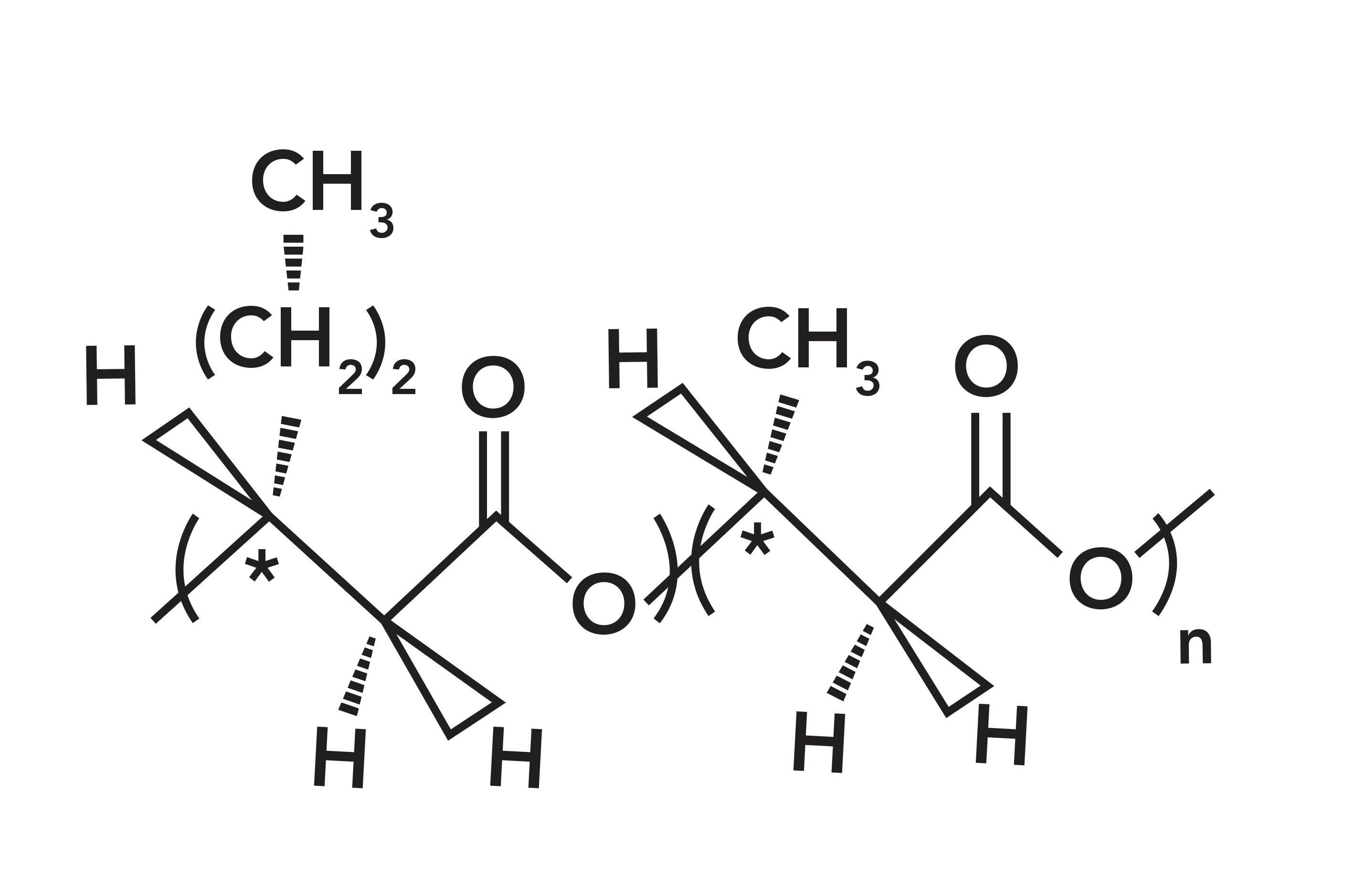 FIGURE 1: Structure of Nodax. The polymeric unit on the right (in parentheses) is polyhydroxybutanate (PHB), while the monomer on the left (in parentheses) appears with the incorporation of hydroxyhexanoate in the chain.