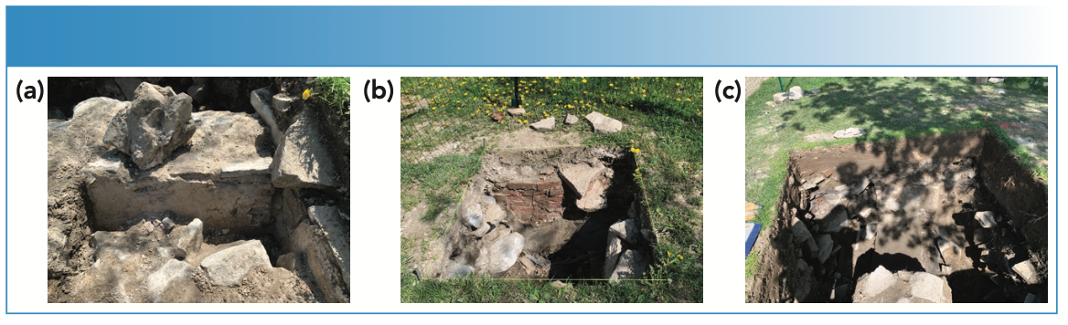 FIGURE 3: Photographs of Cataract House excavation sites of (a) Feature 1; (b) Feature 2; and (c) Feature 6 in May 2022.
