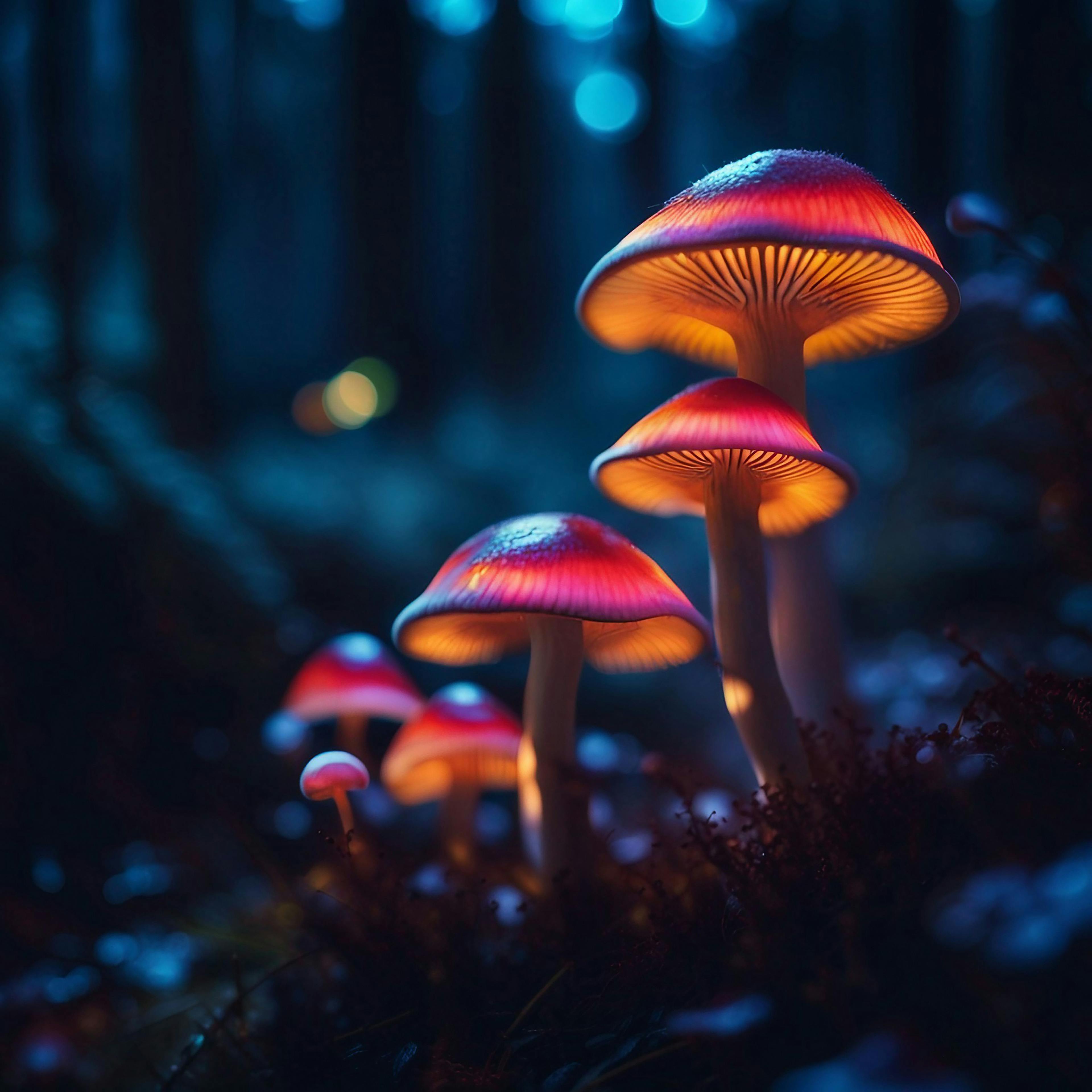 Image of glowing mushrooms in forest at twilight, created by artificial intelligence. Stock image. | Image Credit: © tuncelik81 - stock.adobe.com