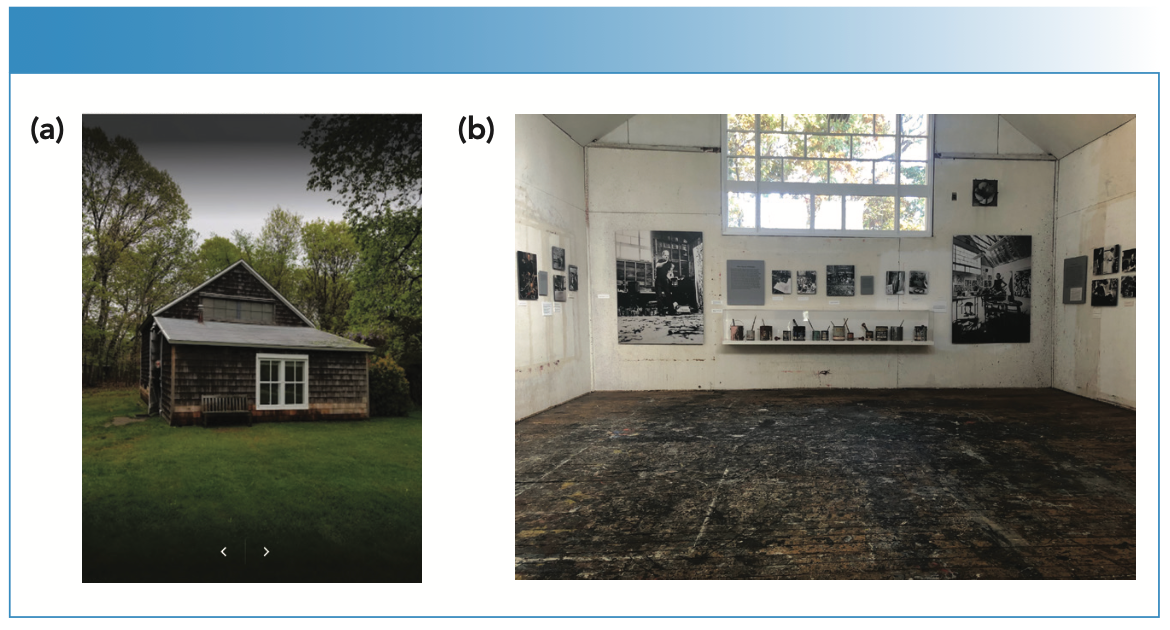 FIGURE 1: (a) Picture of the Pollock-Krasner House museum workshop, located on Long Island, NY, and (b) the interior of the workshop showing the area where Jackson Pollock created many of his paintings.